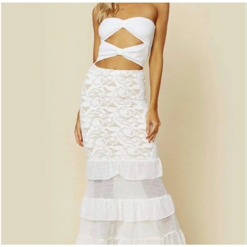 NWT Nightcap Clothing Bowtie Lace Strapless Cutout Tiered Boho Maxi Dress Womens